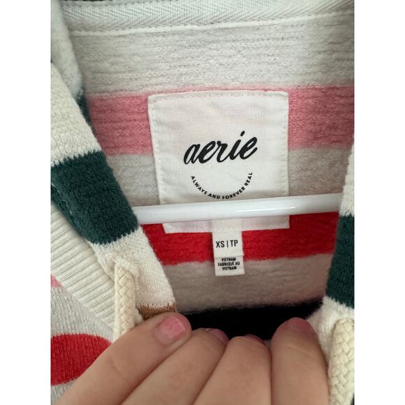 Aerie Restart Quarter Zip Striped Preppy Tie Neck Quarter Zip Cropped Hoodie XS - Picture 6 of 6
